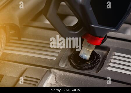 Eine männliche Arbeiter gießt Motor Öl in ein Auto Motor von einem grauen Kanister mit einer roten Kappe unter der Haube bei Wartung und Reparatur. Auto service Industr Stockfoto