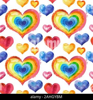 Nahtlose Muster mit Aquarell rot und Regenbogen Herzen Stockfoto