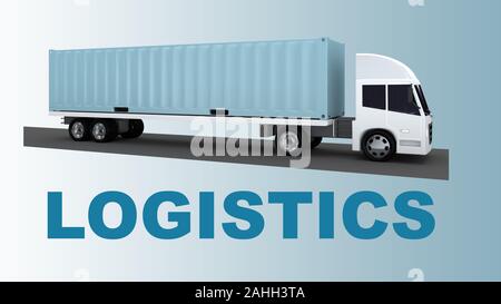 3D-Darstellung der Logistik Titel auf blauen Farbverlauf als Hintergrund, zusammen mit Container durch Auflieger durchgeführt. Stockfoto