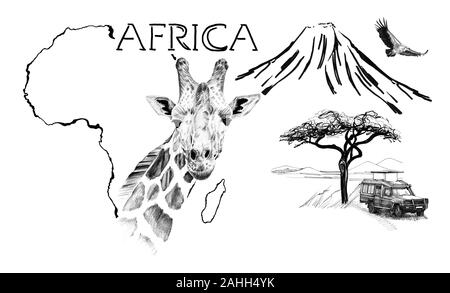 Giraffe Portrait auf Afrika Karte Hintergrund mit Kilimanjaro Mountain, Geier und Auto. Sammlung von Hand Illustrationen gezeichnet (Originale, keine tastung) Stockfoto