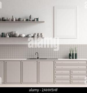 Mock up Titelbild im skandinavischen Stil Küche. Minimalistische Küche Design. 3D-Darstellung Stockfoto