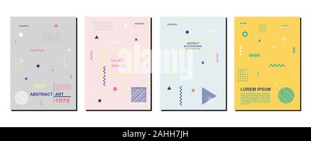 Plakat Vorlagen mit Memphis abstrakte Formen, geometrische Stil und Design Elemente einstellen. Kunst für eine 4 deckt, Banner, Flyer und Poster. Stock Vektor