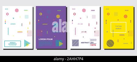 Plakat Vorlagen mit Memphis abstrakte Formen, geometrische Stil und Design Elemente einstellen. Kunst für eine 4 deckt, Banner, Flyer und Poster. Stock Vektor