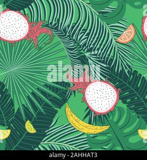 Verschiedene tropische Blätter und Früchte, Sommer themed pattern Design. Stock Vektor