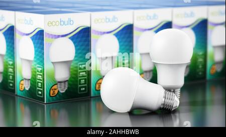 LED-Glühbirnen und generische Paket Design auf schwarzem Hintergrund. 3D-Darstellung. Stockfoto