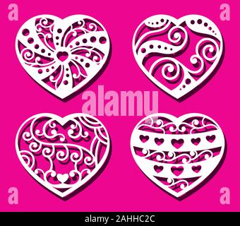 Herzen auf dem rosa Hintergrund für Laserschneiden. Satz von Weißen ornamentalen Herzen für Hochzeit, Valentinstag Stock Vektor