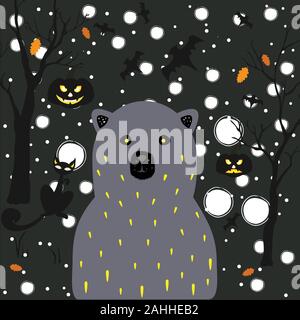 Erschreckend schwarzer Bär mit gelben Augen, leeren Sockel eyed Katze und Kürbisse mit glühenden Augen für Halloween Themen. Vector Illustration Stock Vektor