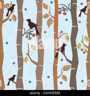 Nahtlose Baum Muster mit großen Vögel, Beeren und Blätter. Herbst Design. Vector Illustration. Stock Vektor