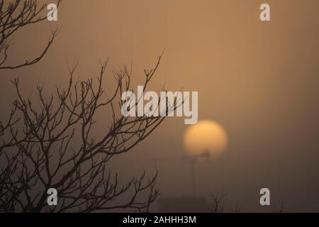 Wimbledon, London, UK. Zum 30. Dezember 2019. Misty dawn Breaks mit eine trübe Sonne über Suburban Dächer in South West London. Credit: Malcolm Park/Alamy Leben Nachrichten. Stockfoto