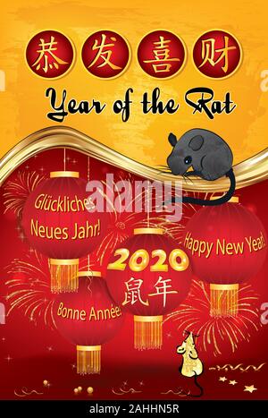 Frohes Chinesisches Neues Jahr 2020! - Grußkarte mit Text in vielen Sprachen. Ideogramme Übersetzung: Herzlichen Glückwunsch und reich zu erhalten. Jahr der Ratte. Stockfoto