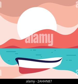 Strand Landschaft mit einem schiefen Boot im flachen Stil. Flat Style Sommer Strand Hintergrund. Vector Illustration EPS 8 EPS. 10 Stock Vektor