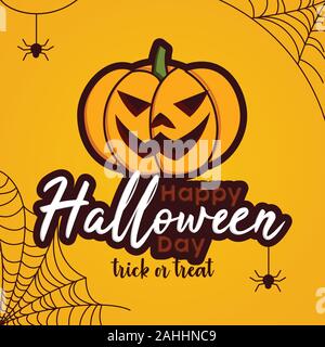 Cartoon Vektor-Illustration für Halloween Tag Herbst Poster mit Kürbis, Netz, Spinne. Happy Halloween Tag Text Banner. Vektorgrafik EPS.10 Stock Vektor