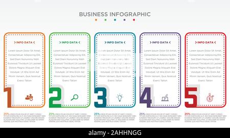 Schritt Infografik mit 5 Optionen mit unterschiedlichen Farben. Abbildung: Schritt Informationen und Infografik. Vector Illustration EPS 8 EPS. 10 Stock Vektor