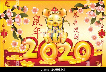 Frohes Chinesisches Neues Jahr 2020! - Gelbe und Rote Karte. Ideogramme Übersetzung: GongXi FaCai (Herzlichen Glückwunsch und reich zu erhalten). Glück. Stockfoto