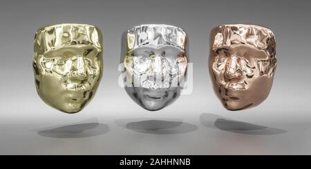 Abstrakte dreieckige Flächen polygon mesh Oberfläche in Silber, Bronze, Gold, Metall Farbe für verschiedene Medaillen 3d-Grafik rendern Stockfoto