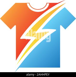 Thunder auf T-Shirt im flachen Stil auf weißem Hintergrund. Elektrische Gefahr Licht Leistung Spannung Blitz Donner 3d Symbol Design Vorlage Element. Stock Vektor