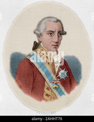 Jose Moñino y Redondo, 1 Graf von Floridablanca (Murcia, 1728 - Sevilla, 1808). Spanische Staatsmann. Die Lithographie. Später Färbung. Stockfoto
