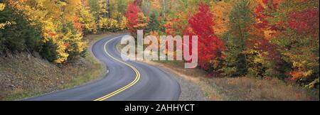 Ahorn in peak Herbst Farbe entlang der Strasse kurz vor matagmaon Eingang zu Baxter State Park, Maine. Stockfoto