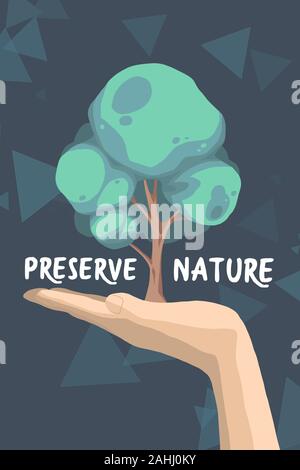 Klimawandel themed Design mit Hand Baum auf dunklem Hintergrund mit Text sagt 'Naturschutzgebiet' Stockfoto