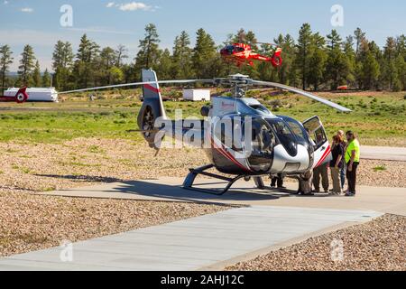 Maverick Hubschrauber auf dem Asphalt am Flughafen, Tusayan, USA. Stockfoto