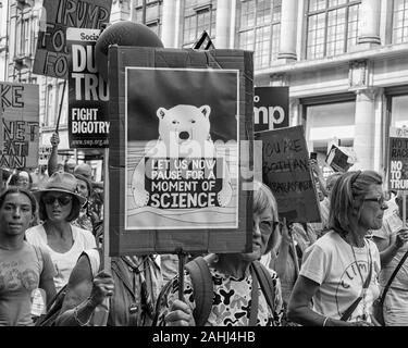 Demonstration in London mit dem Klimawandel Plakat (Trumpf). Stockfoto