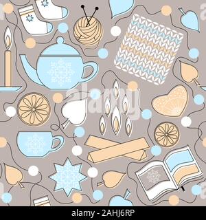 Hygge. Dänischen, skandinavischen und norwegischen Komfort. Home comfort Gegenstände, Glaswaren. Nahtlose Muster Stock Vektor