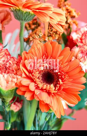 Selektiver Fokus einer schönen Korallen farbige Gerbera Daisy unter anderem wie farbige Blumen wie Nelken und Statice. Unscharfer Hintergrund. Stockfoto