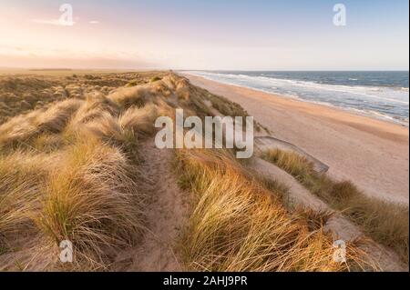 Sanddünen und marram Gras auf druridge Bay eine lange abgelegenen einsamen Sandstrand an der Küste von Northumberland Stockfoto