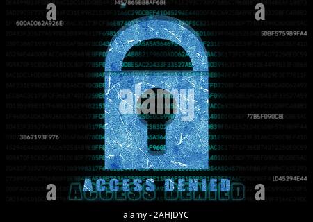 Palm drucken Anerkennung und Zugang Konzept. Sicherheitssoftware von biometrischen Daten. Identifikation von Hand Drucke scannen. Vorhängeschloss mit palmprint Muster Stockfoto