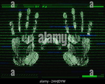 Palm drucken Anerkennung und Zugang Konzept. Sicherheitssoftware von biometrischen Daten. Identifikation von Hand Drucke scannen. Zwei palmprint Muster scannen Stockfoto