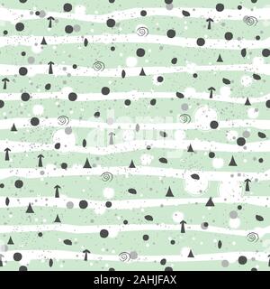 Geometrische nahtlose Muster mit kleinen Objekten wie Dreiecke, Polygone, Pfeile und Kugeln auf Weiß. Modernen Pastelltönen gestaltet. Sich wiederholende Muster. Vecto Stock Vektor