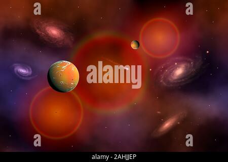 Exoplaneten in einer Umlaufbahn um einen entfernten Cluster von Sternen. Stockfoto