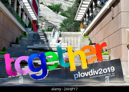 Plovdiv, Bulgarien - Juni 08, 2018: Offizielle Zeichen - Gemeinsam - für Europäische Kulturhauptstadt 2019 Stockfoto