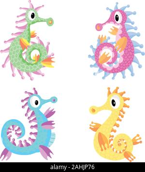 Cute Cartoon Sea Horse Unterwasser Set von vier Vector Illustration Stock Vektor