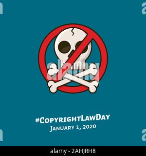 Anti-Piracy-Symbol, Illustration für Urheberrecht am 1. Januar. Schädel und Knochen mit forbbidden Zeichen Farbe Vektor-illustration verflochten. Stock Vektor