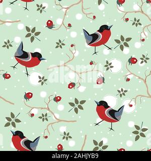 Vogel nahtlose Muster. Dompfaff Vögel auf einem dunklen Hintergrund mit roten Beeren der Eberesche und Brier. Winter/Weihnachten Collection. Vector Illustration Stock Vektor
