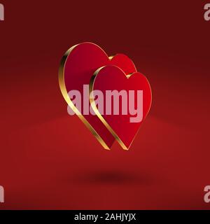 3d-Herz. Zwei realistische Symbole der Liebe mit einem goldenen Rand und Reflexion. Element für den Valentinstag gruss Zusammensetzung Stock Vektor