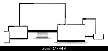 EPS 10 Vektor einrichten von Monitor, Notebook, Tablet-PC und Smartphone schwarz eingefärbt Stock Vektor