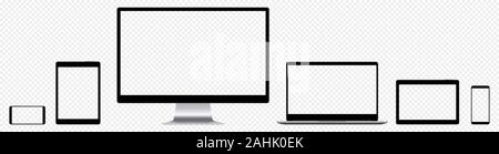 EPS 10 Vektor einrichten von Monitor, Notebook, Tablet-PC und Smartphone schwarz gefärbt mit Transparenz in Vektor Datei Stock Vektor