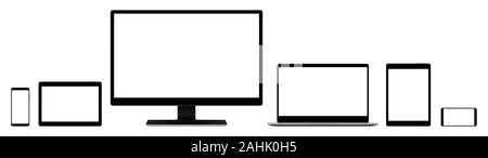 EPS 10 Vektor einrichten von Monitor, Notebook, Tablet-PC und Smartphone schwarz eingefärbt Stock Vektor
