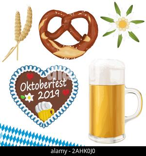 Sammlung von typischen Objekten illustriert Oktoberfest, Bier, Brezel, Weizen, Edelweiss Blume und Lebkuchen Herz für Biergarten Zeit 2019 Stock Vektor