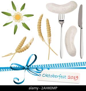 Sammlung von typischen illustrierte Oktoberfest Objekte, Edelweiss Blume, Weizen, Weißwurst mit Löffel und Messer und Schleife mit Hang Tag für sein Stock Vektor