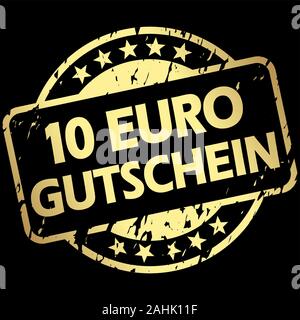 EPS 10 Vektor mit runder Goldfarbener grunge Stempel mit Banner und Text 10 Euro Gutschein (in deutscher Sprache) Stock Vektor