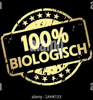 EPS 10 Vektor mit runder Goldfarbener grunge Stempel mit Banner und Text 100% biologische (in deutscher Sprache) Stock Vektor