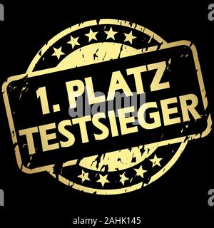 EPS 10 Vektor mit runder Goldfarbener grunge Stempel mit Banner und Text Platz 1-test Sieger (in deutscher Sprache) Stock Vektor