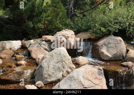 Kleine wateralls über einen Felsen Bett fließt, durch Felsen, Büsche und Evergreens in Colorado, USA Stockfoto
