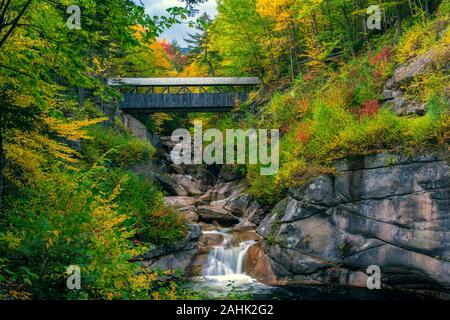 Die Sentinel mit Pinien bewachsene Brücke überspannt den Pemigewasset River in der Flume Gorge, in der Nähe von Lincoln, NH. Stockfoto