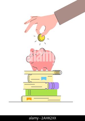Ausbildung Darlehen Konzept. Flache lineare konzeptionelle Vector Illustration von Einsparungen für Hochschule oder Universität. Männliche Hand goldene Münze in niedlichen rosa Schweinchen Stock Vektor