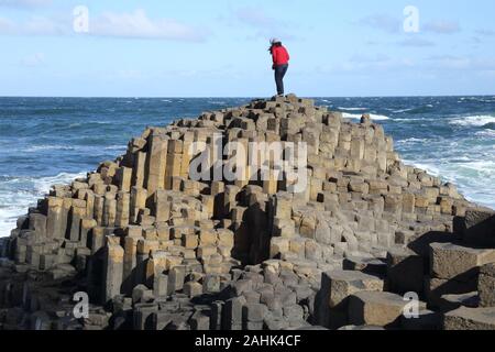 Frau in der roten Jacke auf einem Stapel von Basaltsäulen mit Meerblick, Giant's Causeway, County Antrim, Nordirland. Stockfoto