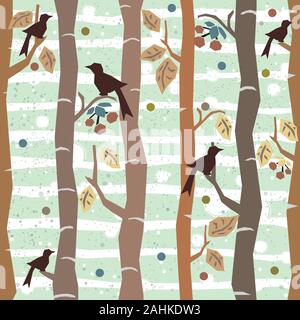 Nahtlose Baum Muster mit großen Vögel, Beeren und Blätter. Herbst Design. Vector Illustration. Stock Vektor